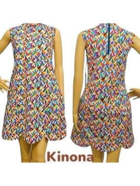 NEW Kinona Dress UPF 50+ Multicolor Geometric Print Scalloped Zip/Pockets L $169